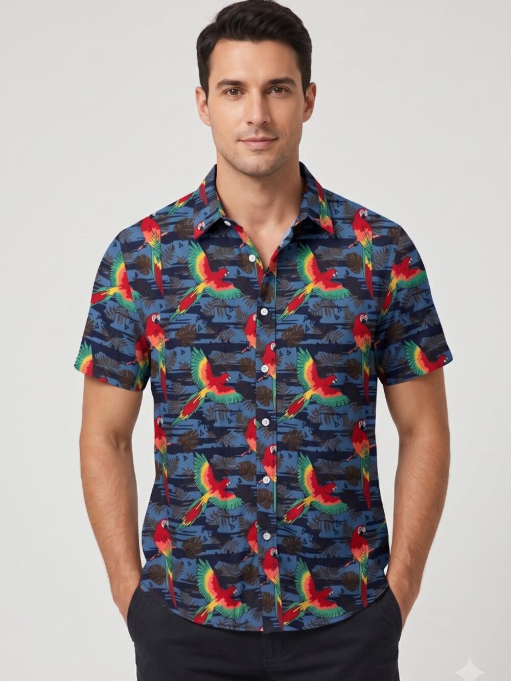 NWT TUNEVUSE Men Blue Red Parrot Macaw Hawaiian Tropical Button Up Shirt Medium